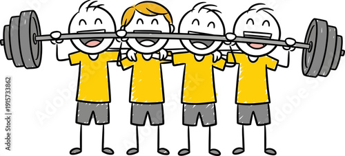 Four stick figures collaboratively lift a barbell demonstrating teamwork and physical strength high quality professional detailed