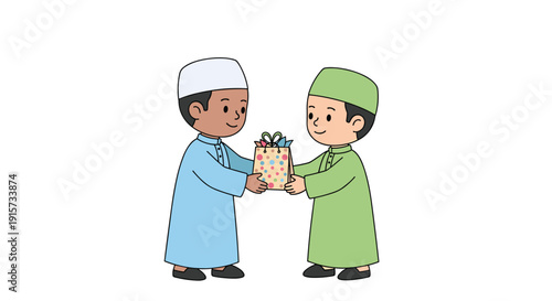 Two young Muslim boys wearing traditional attire are exchanging a colorful gift bag on a clean white background.