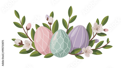 Three vibrant Easter eggs with floral decorations, symbolizing the joy of spring.