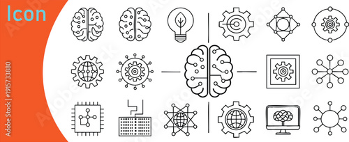 Artificial intelligence brain network and gear icon set with microchip globe light bulb and connections