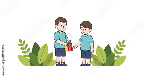 Two young boys, one holding a gift bag, giving a present to the other while surrounded by green plants.