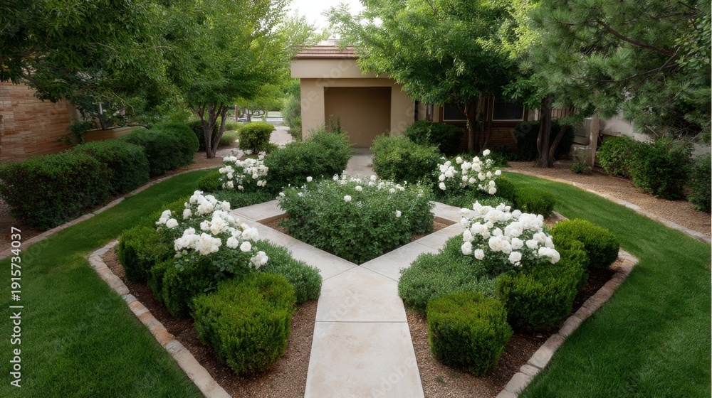 Fototapeta premium Tranquil Residential Garden Landscape Featuring Lush Greenery, Symmetrical Flower Beds, and White Blossoms Under Clear Blue Sky