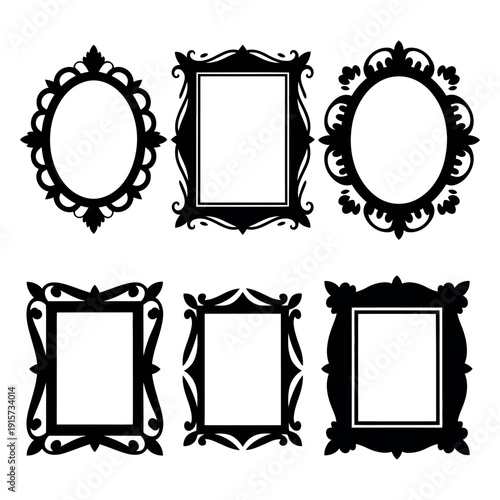 A set of ornate black picture frames on a white background for decoration