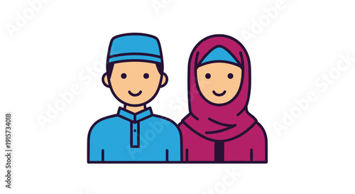 Two smiling cartoon Muslim children, a boy in a blue cap and shirt next to a girl in a pink hijab, posing together.