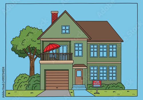 A charming two story green house with a red umbrella and a for sale sign in the yard