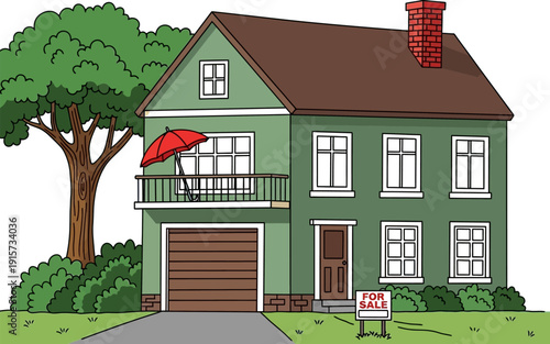 Charming green two story house with a garage porch and a for sale sign in the yard