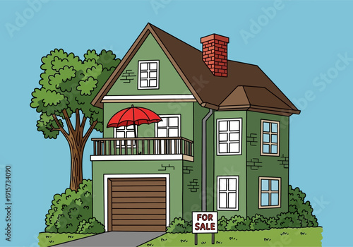 A charming two story green house with a red umbrella and a for sale sign is pictured