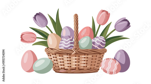 A vibrant Easter basket overflowing with colorful eggs and tulips.