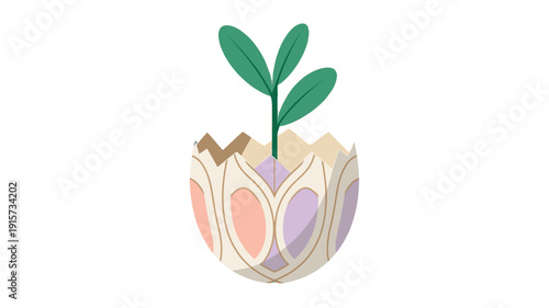 A decorative eggshell planting a vibrant small plant.