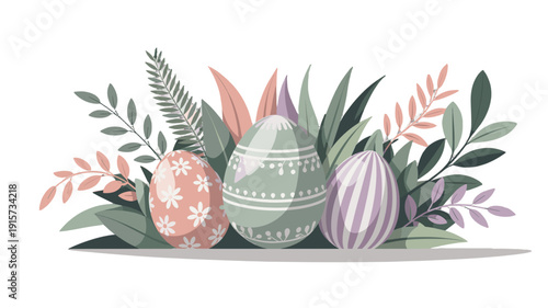 Easter eggs are decorated with leaves and flowers.