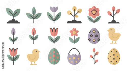 A collection of various floral and Easter themed illustrations.