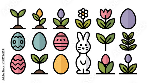 A colorful illustration of Easter elements and symbols.