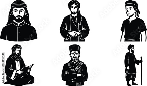 Silhouette vector set close up and full body six men in traditional middle eastern clothing varied poses cultural portrait icons