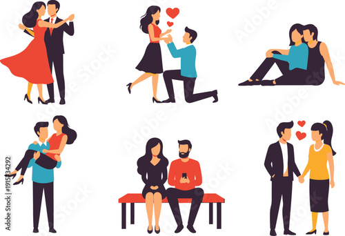 Collection of colorful vector illustrations depicting romantic couples in various affectionate poses high quality professional detailed