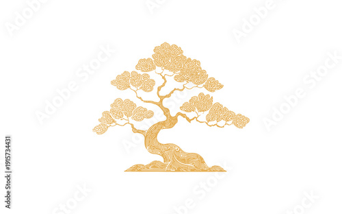 Golden bonsai tree illustration with intricate swirling patterns on white