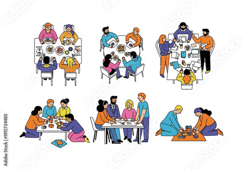 Diverse group of people enjoying a meal together at tables and engaging in activities high quality