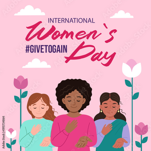 International Women’s Day Social Media Post Template, March 8 Square Banner with Diverse Women, Empowerment, Charity and Spring Flowers