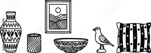 Line art hand drawn decorative home objects in row vase candle frame landscape bowl bird figurine striped pillow close up