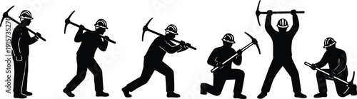 Flat vector silhouette sequence of miner figures swinging pickaxe in various poses wearing safety helmet at mining site closeup action