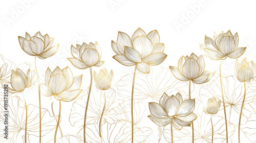 Golden lotus line arts on white background, Luxury gold wallpaper design for prints, banner, fabric, poster, cover, digital arts vector illustration.	