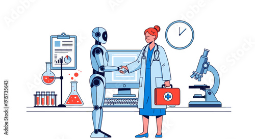 A female doctor in a lab coat and a humanoid robot shake hands in a modern laboratory filled with scientific equipment.