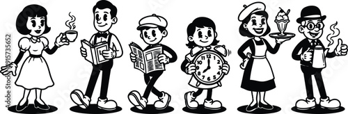 Retro 1950s cartoon cafe woman with coffee man reading book child with newspaper holding clock waitress serving ice cream barista