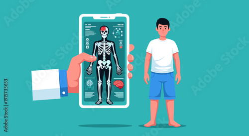 A human hand holds a smartphone displaying a human skeleton and brain scan, with a man standing nearby.