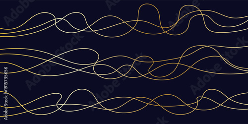 Thin golden squiggly lines. Wavy wiggle stripe decoration. Curvy thread or yarn lines for ornament, decor, separate, divider. Tangled squiggle linear doodle shapes. Vector