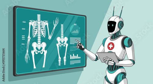 A medical robot holds a tablet, pointing at a screen displaying human skeletal anatomy and health data.