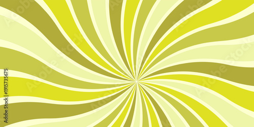 Candy green color sunburst background. Abstract yellow cream sunbeams design wallpaper. Colorful spinning lines for template, banner, poster, flyer. Sweet rotating cartoon swirl or whirlpool. Vector b