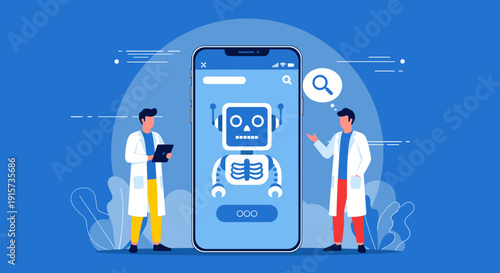 Two doctors discuss a mobile health application featuring a humanoid robot skeleton on a large smartphone screen.