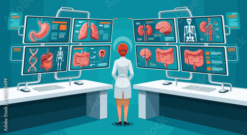 A female doctor views multiple screens displaying human organs, skeletal systems, and DNA in a medical room.