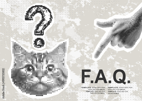 Trendy Halftone Collage Problem solving concept. Funny Cat with question mark. Solution. Creative mind or brainstorm. Ask for reply. Contemporary vector illustration art	