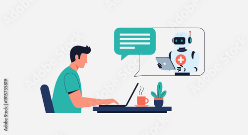 A man sits at a desk using a laptop, receiving a virtual medical consultation from a robot assistant in a speech bubble.