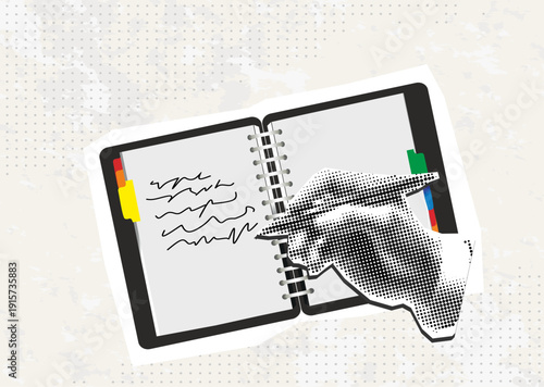 Trendy Halftone Collage Black and white hand writes in empty spiral note. Modern collage style. Vector illustration	