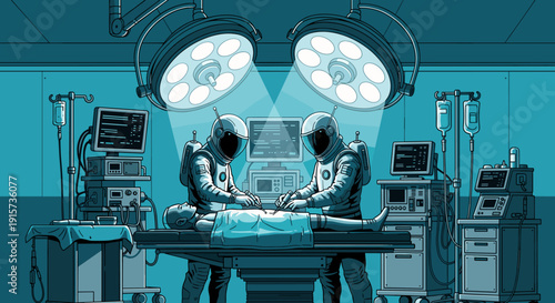 Two astronauts in spacesuits performing surgery on a patient lying on an operating table under bright surgical lights in an operating room.