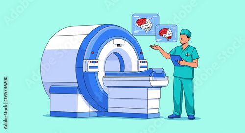 A male doctor in scrubs is standing next to an MRI machine and presenting brain scan images in the air.