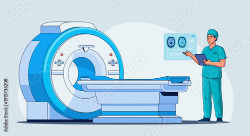 A medical professional in scrubs is standing beside an MRI machine, presenting brain scan data on a digital interface.