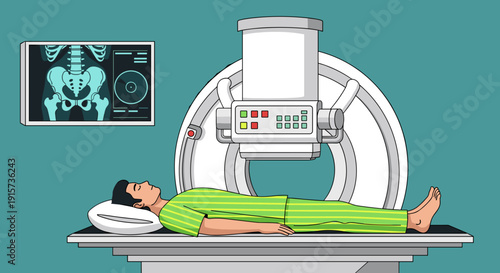 A male patient in striped pajamas is lying inside a medical scanning machine with a pelvis X-ray on display.