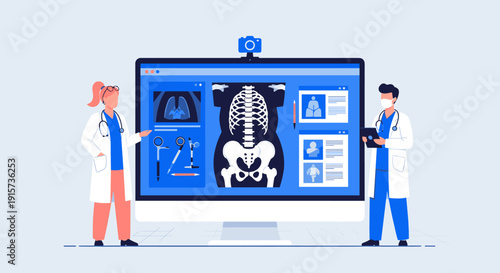 Two doctors, male and female, are collaborating and discussing patient data displayed on a large medical monitor.