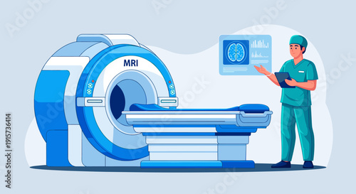 A doctor in scrubs gestures towards a brain scan displayed on a screen next to a large MRI machine.