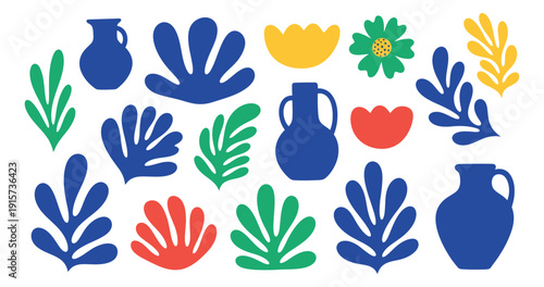 Abstract modern botanical and vase elements set featuring organic leaves, flowers, and pitchers for various design projects