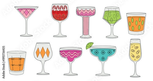 Hand drawn line art cocktail glasses set featuring various beverages and decorative patterns for parties and events
