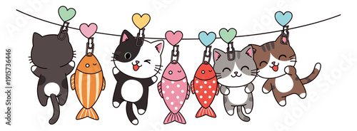 Cute cartoon cat and fish set featuring animals hanging on a clothesline with heart clips for children's designs