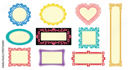 Decorative frames set featuring ornate scrollwork designs in various shapes for graphic design elements