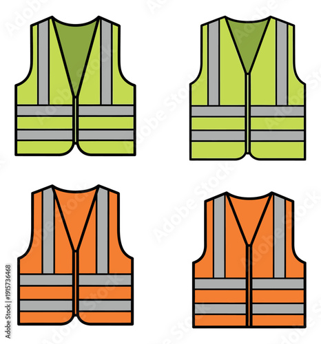 Simple line art safety vests set featuring yellow and orange high visibility protective clothing for industrial and road safety