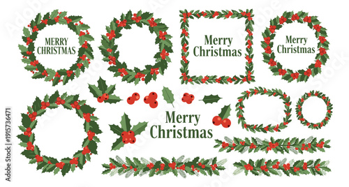 Flat design Christmas set featuring holly wreaths, frames, garlands, and berries for holiday decoration