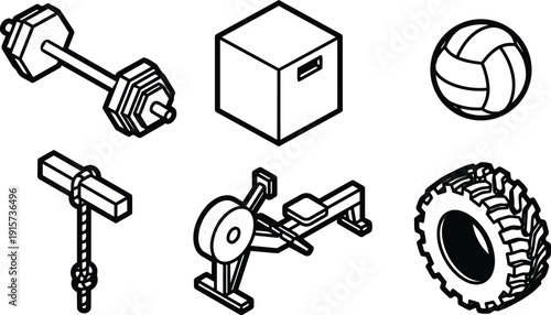 Isometric line art fitness equipment icons set showing dumbbell plyo box volleyball rope rower tractor tire clean outline monochrome minimalist