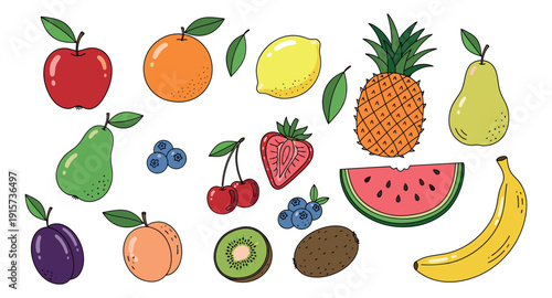 Hand drawn colorful line art fruit set featuring apple, orange, lemon, pineapple, watermelon, and berries for healthy eating and fresh food concepts