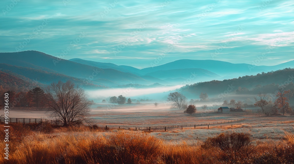 Fototapeta premium Serene Mountain Landscape with Morning Mist and Rolling Hills Under a Soft Blue Sky
